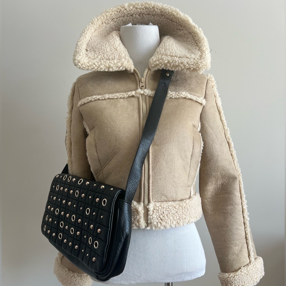 Mazzini gromet & Studs flap front leather Crossbody purse  in black